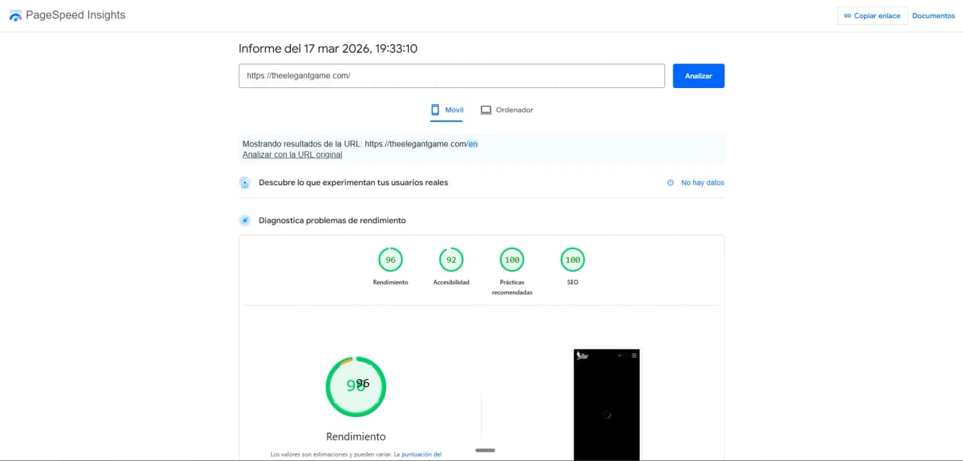 The Elegant Game — Pagespeedinsights